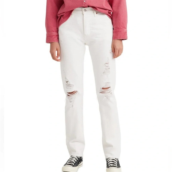 NWT Levi’s 501 Original Fit Straight Leg Jeans Distressed White Denim - Picture 1 of 14